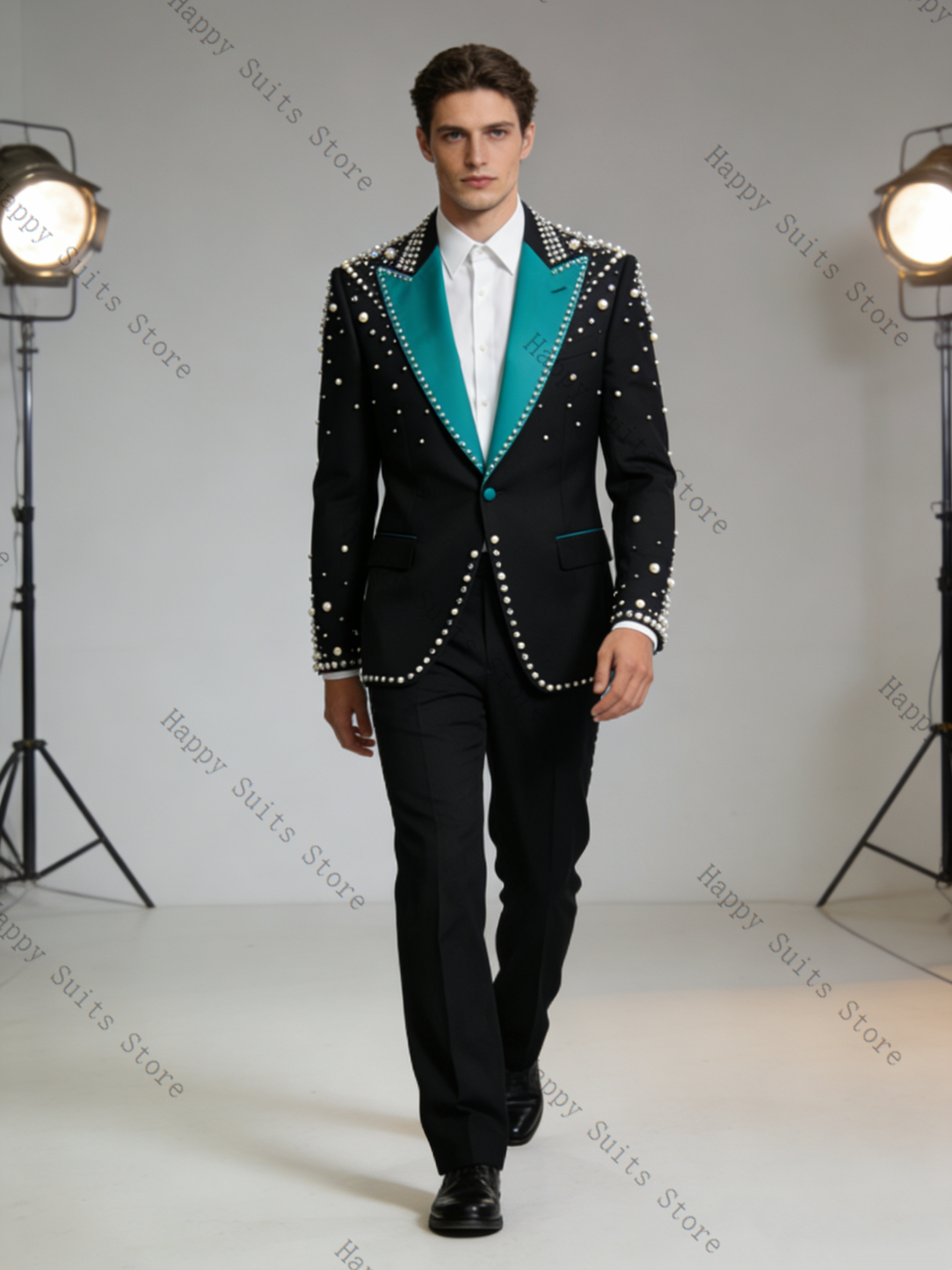Pearls Blue Black Men Suit Set - đánh giá và giá Formal Wear Jersey For Men
