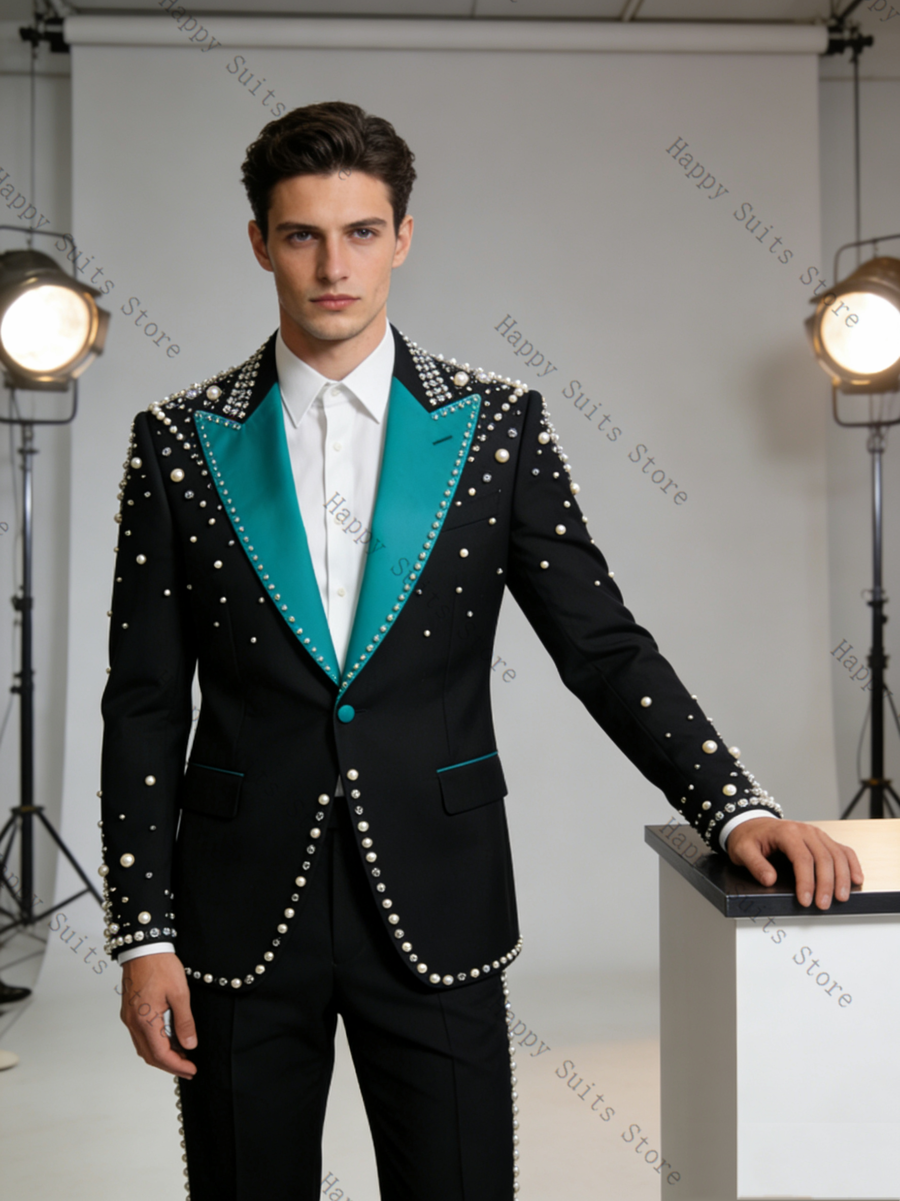 Pearls Blue Black Men Suit Set - đánh giá và giá Formal Wear Jersey For Men
