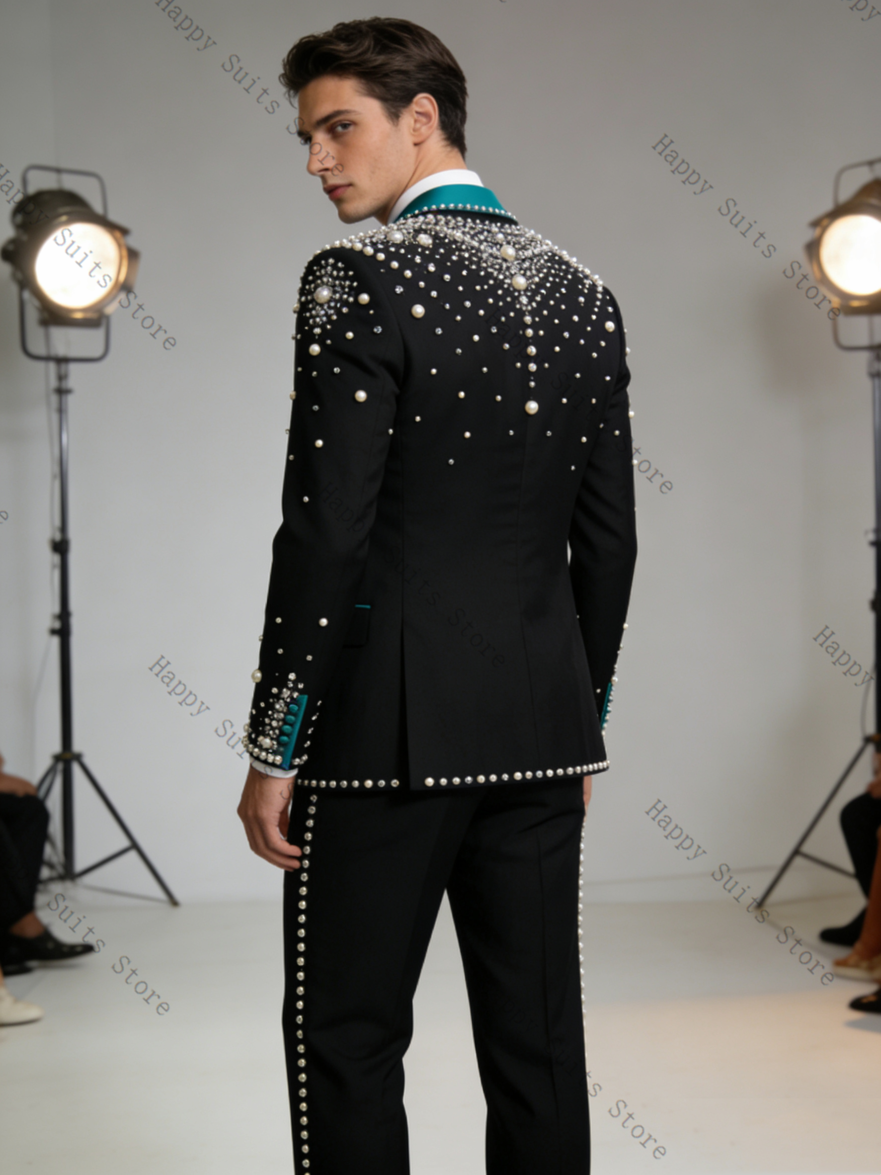 Pearls Blue Black Men Suit Set - đánh giá và giá Formal Wear Jersey For Men