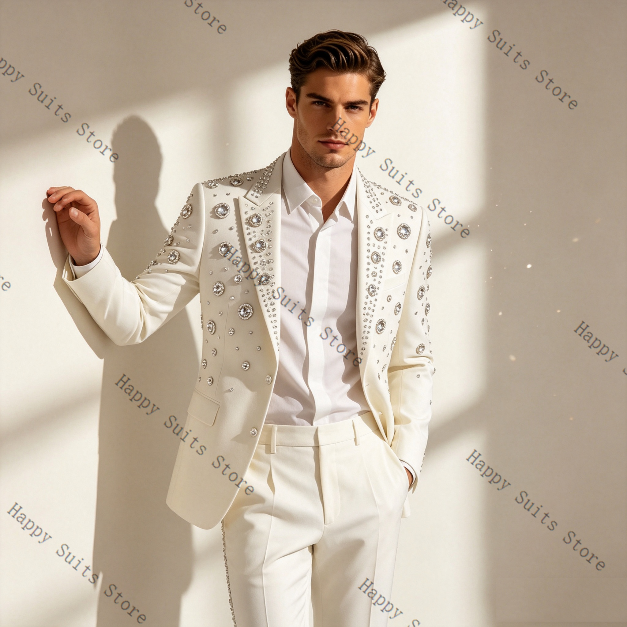 Crystals White Men Suit Set 2  - đánh giá và giá Formal Wear Jersey For Men