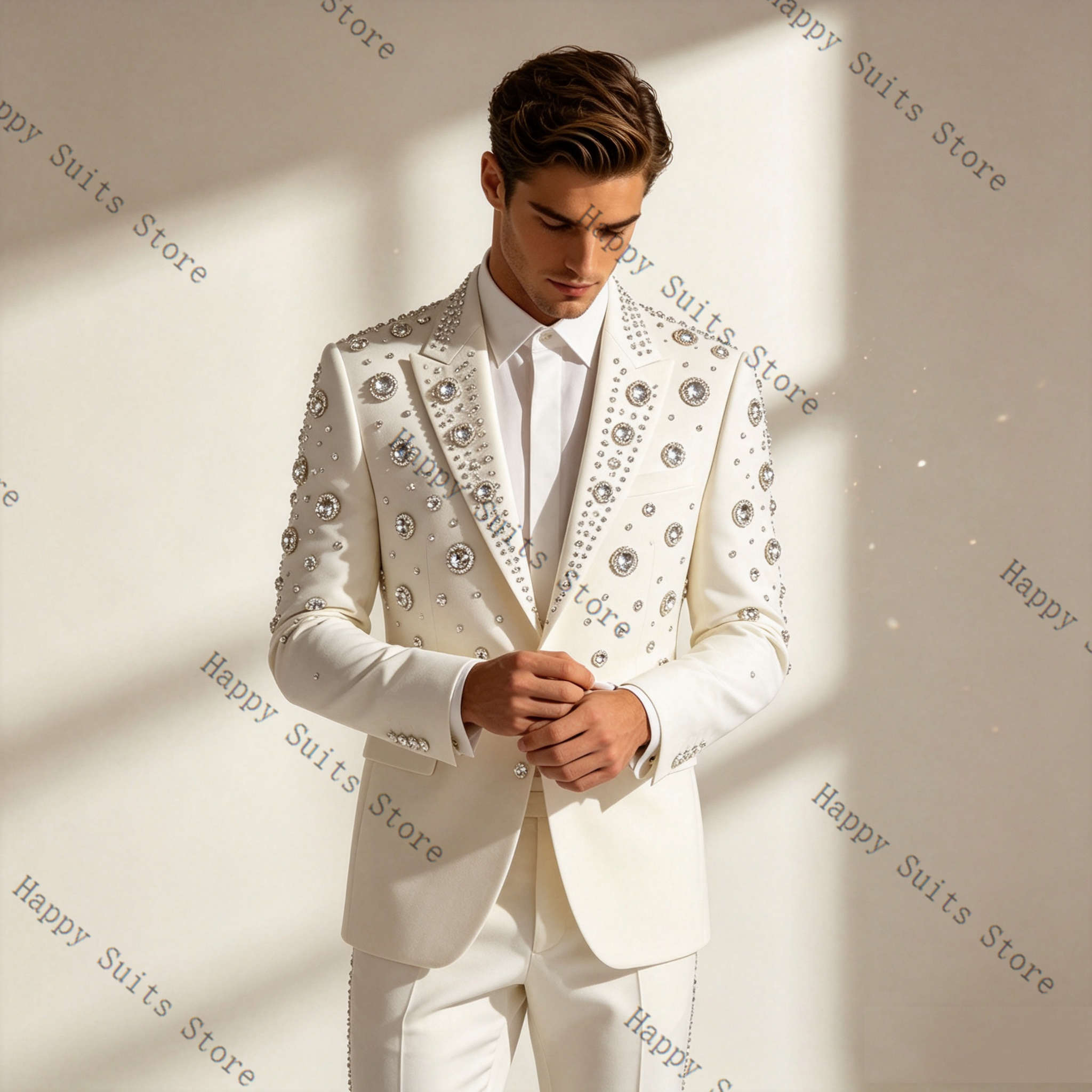 Crystals White Men Suit Set 2  - đánh giá và giá Formal Wear Jersey For Men