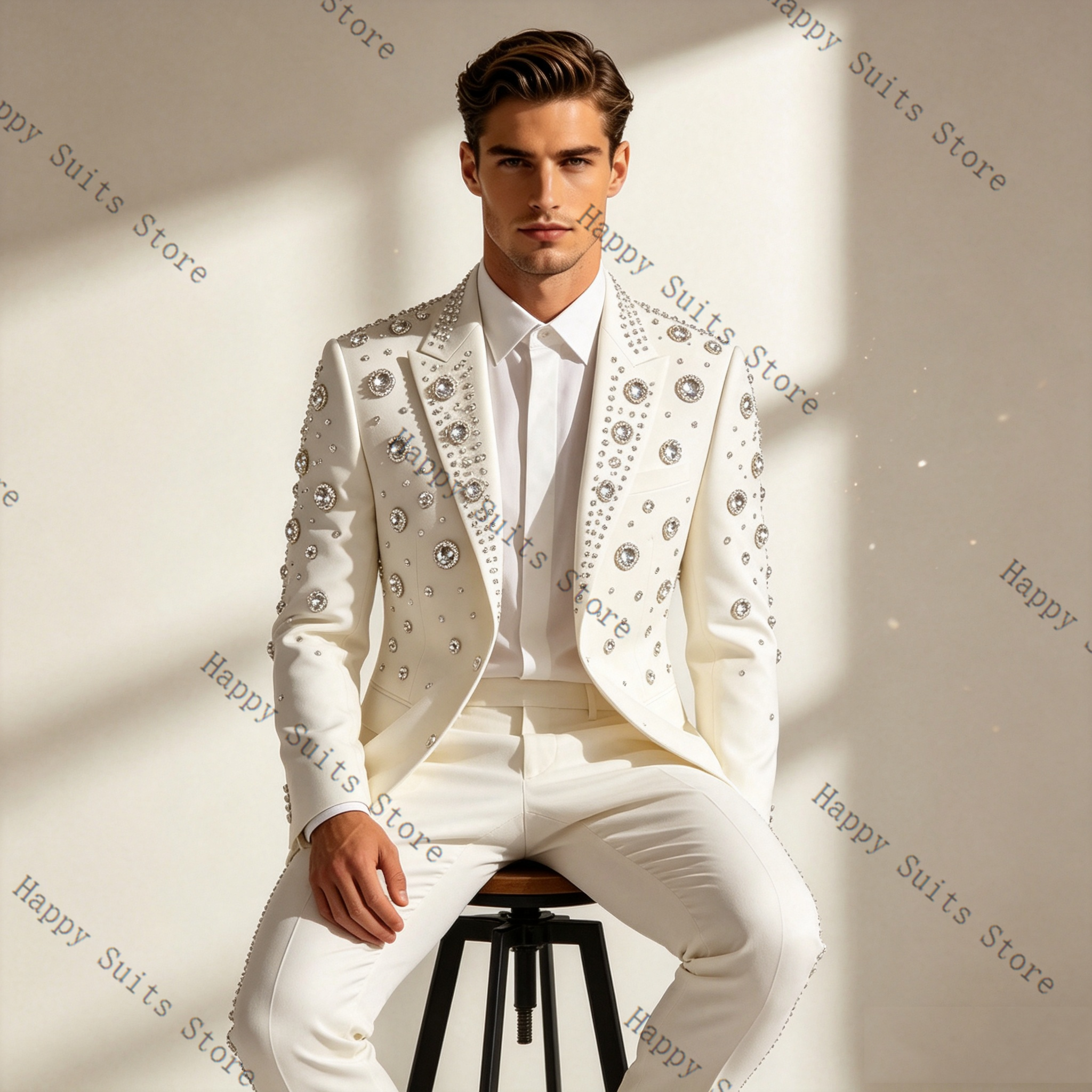 Crystals White Men Suit Set 2  - đánh giá và giá Formal Wear Jersey For Men